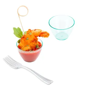 100 2 oz Round Seagreen Plastic Mini Tasting Bowls and 100 Silver Plastic 4" Mini Forks