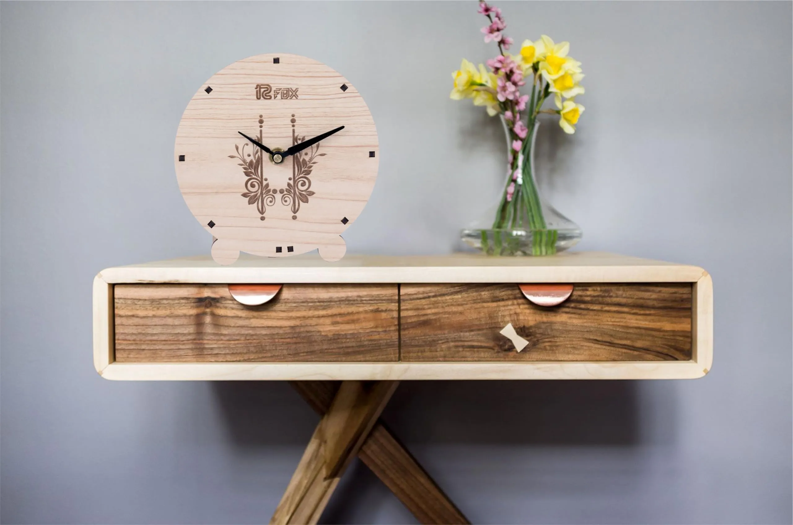 12 Fox Round Wooden Table Desk Clock for Living Room Study Room Home Decor and Gifting Made of Maple Wood