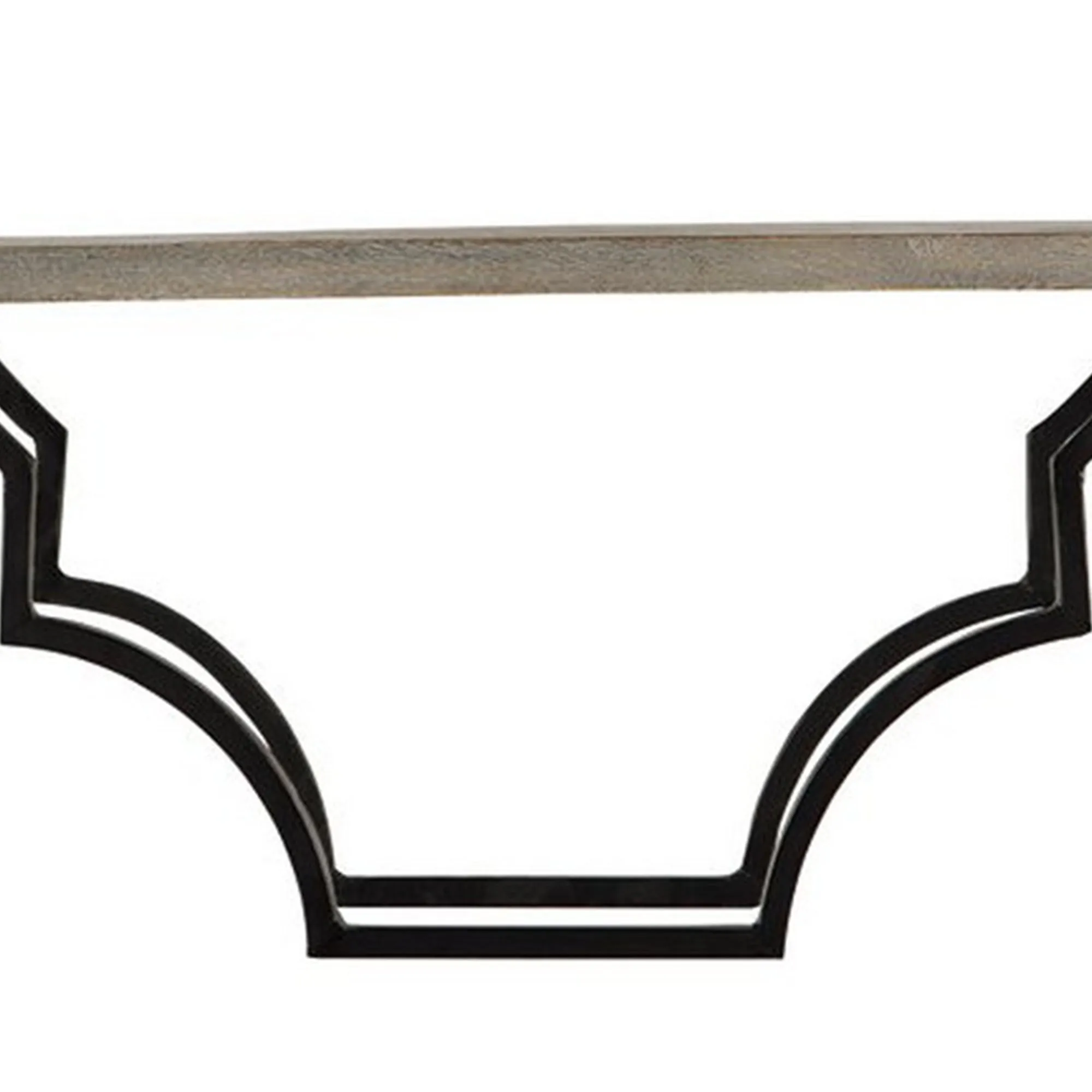 2 Tier Wooden Wall Shelf With Quatrefoil Design Open Metal Frame Black By Benzara