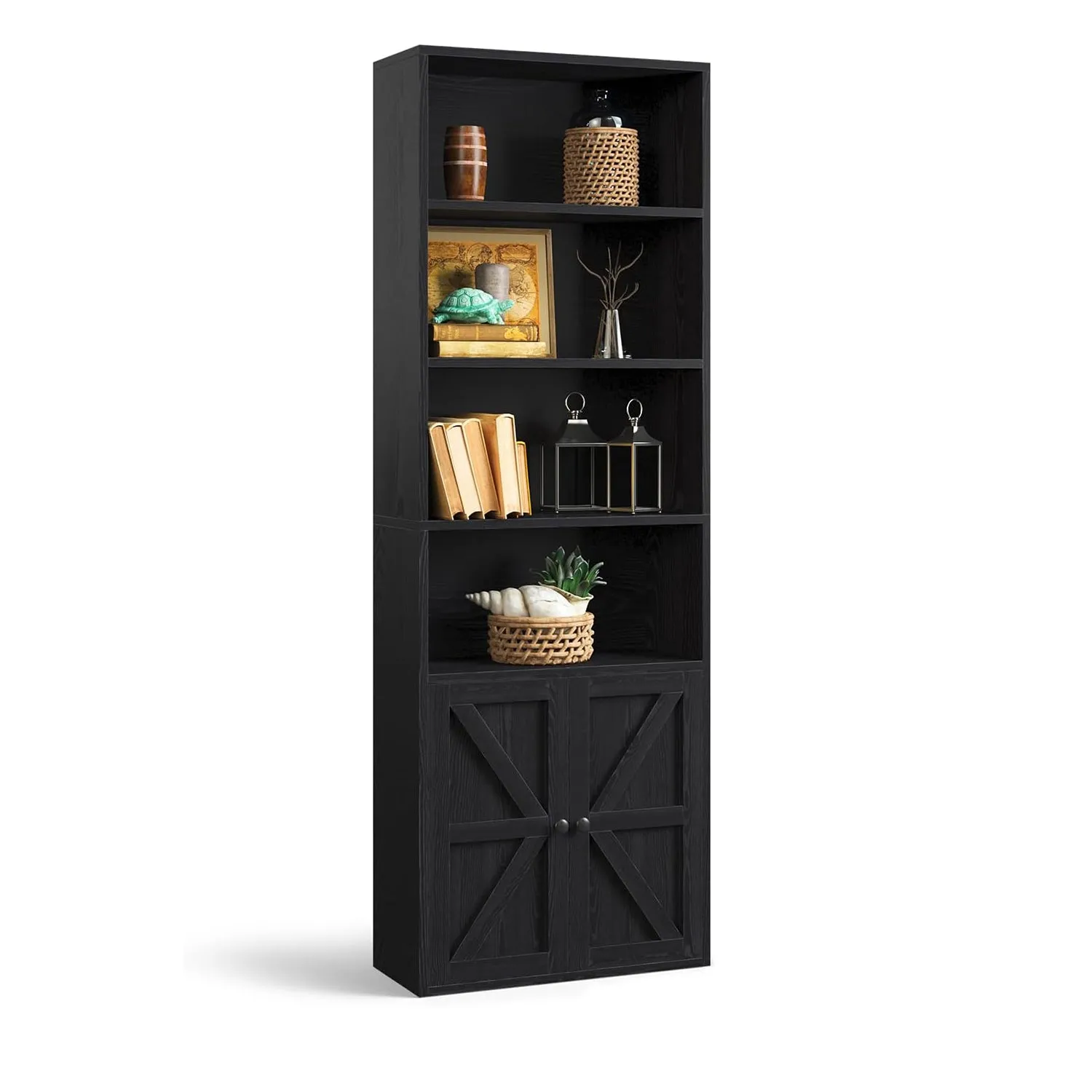 21.9" Width 6-Tier Floor Bookshelves with Farmhouse Barn Door