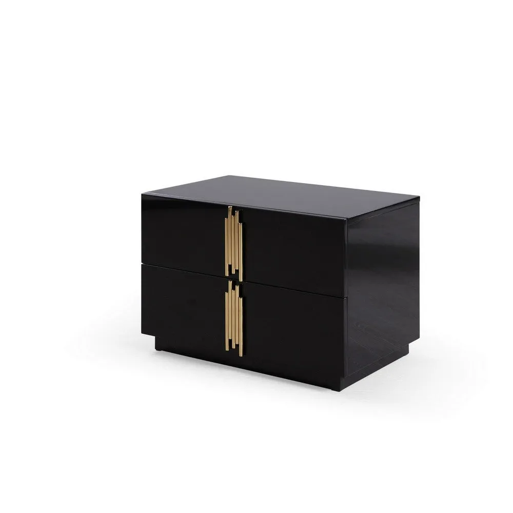 28 Inch Nightstand, Modern Vertical Gold Handles, 2 Drawers, Black Finish By Casagear Home