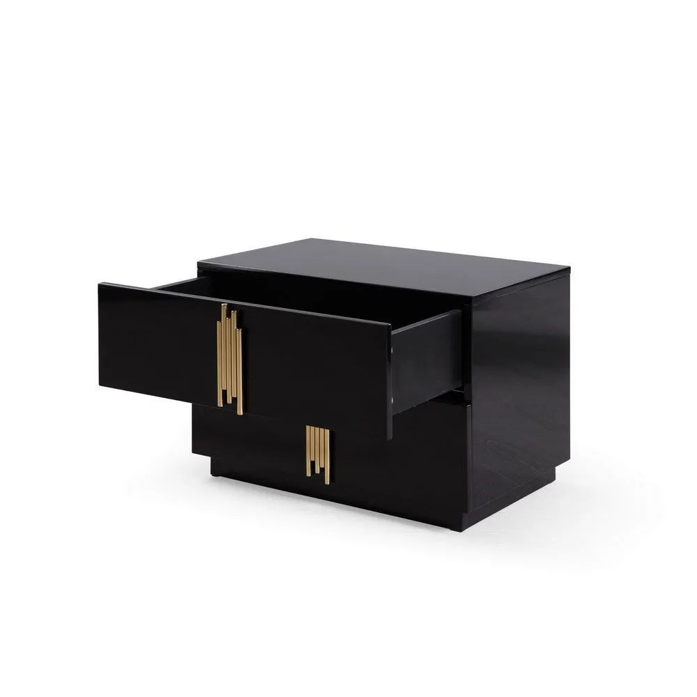 28 Inch Nightstand, Modern Vertical Gold Handles, 2 Drawers, Black Finish By Casagear Home