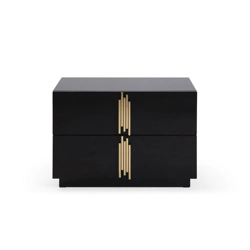 28 Inch Nightstand, Modern Vertical Gold Handles, 2 Drawers, Black Finish By Casagear Home