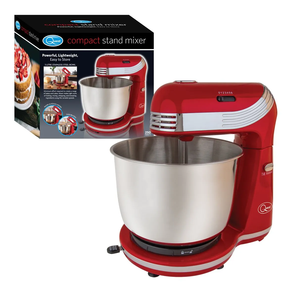 3 Litre Compact 6 Speed Watt Stand Mixer with Stainless Steel Bowl and Dough Hook and Beater, 250 W, 3 Liters, Red