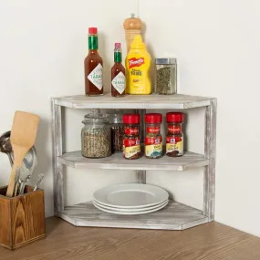 3-Tier Whitewashed Brown Wood Kitchen Counter Top Corner Organizer Shelf