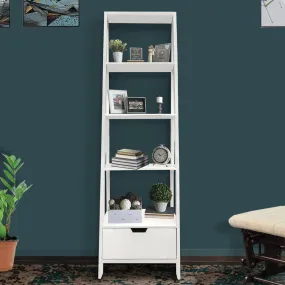 4 Shelf Wooden Ladder Bookcase With Bottom Drawer, Antique White By Benzara