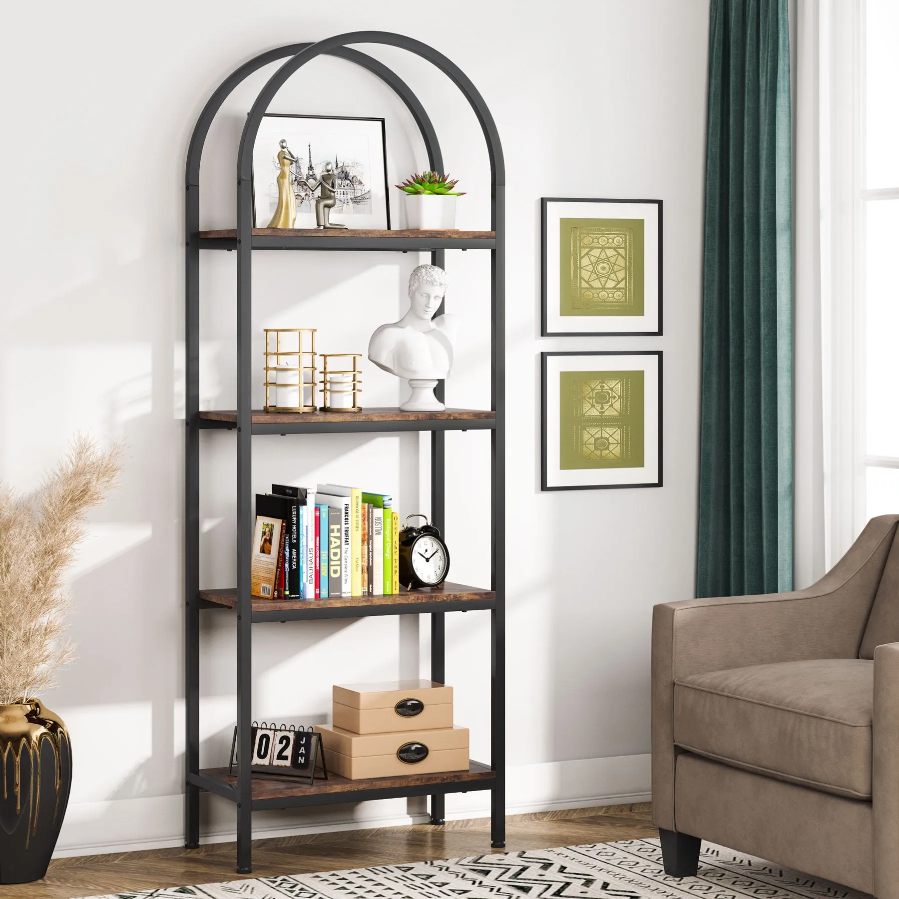 4-Tier / 5-Tier Bookshelf, Arched Bookcase Display Rack with Storage Shelves