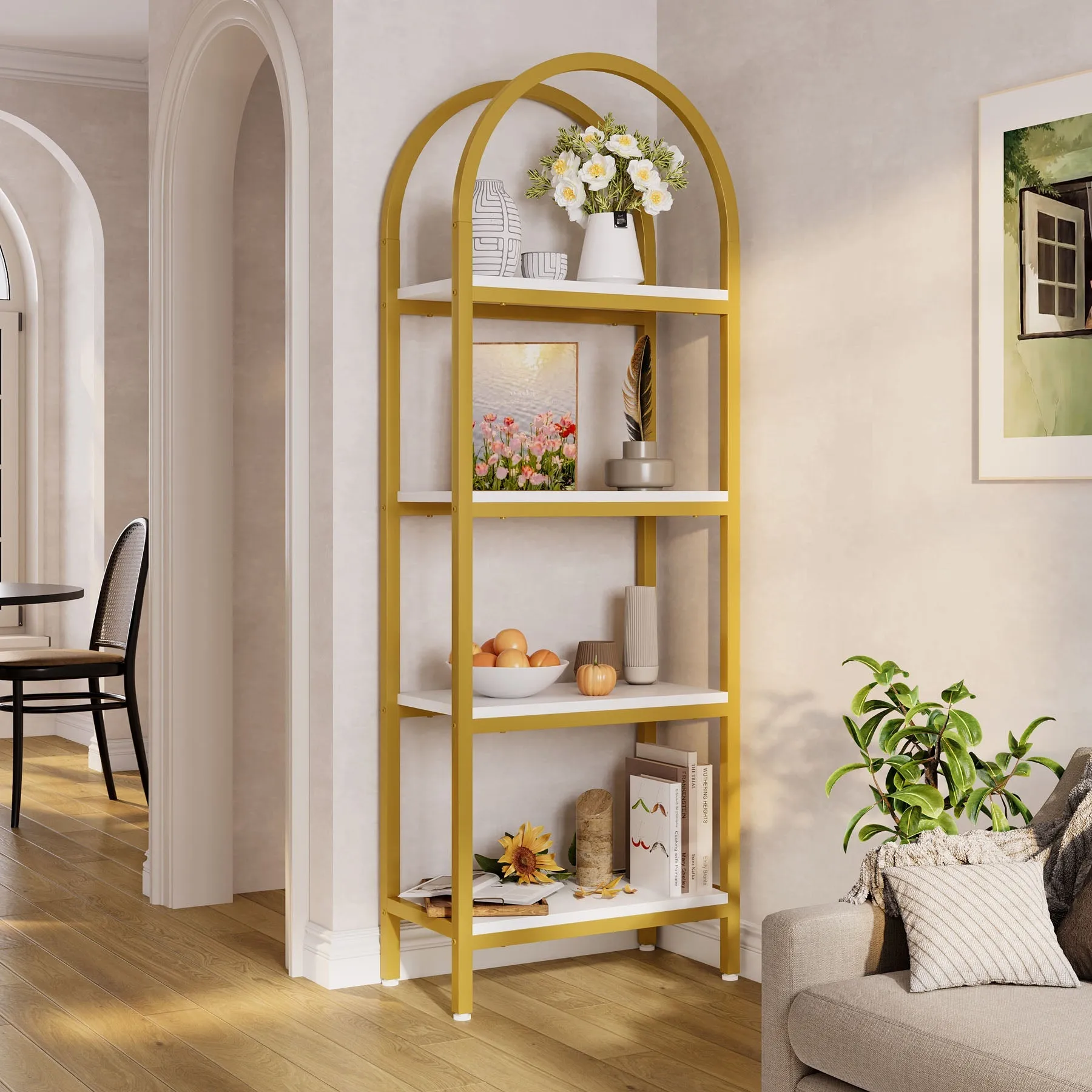 4-Tier / 5-Tier Bookshelf, Arched Bookcase Display Rack with Storage Shelves