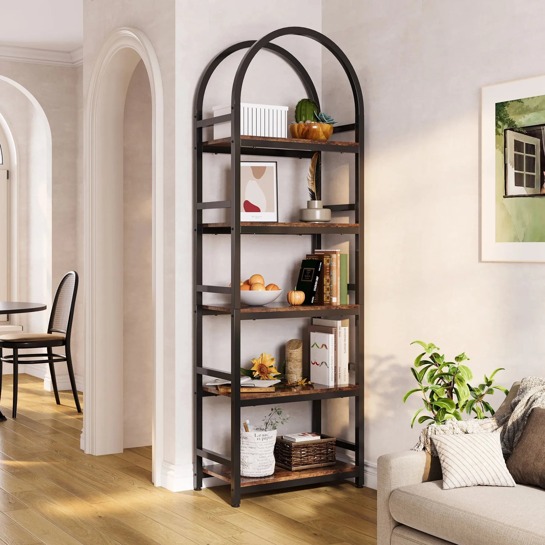 4-Tier / 5-Tier Bookshelf, Arched Bookcase Display Rack with Storage Shelves