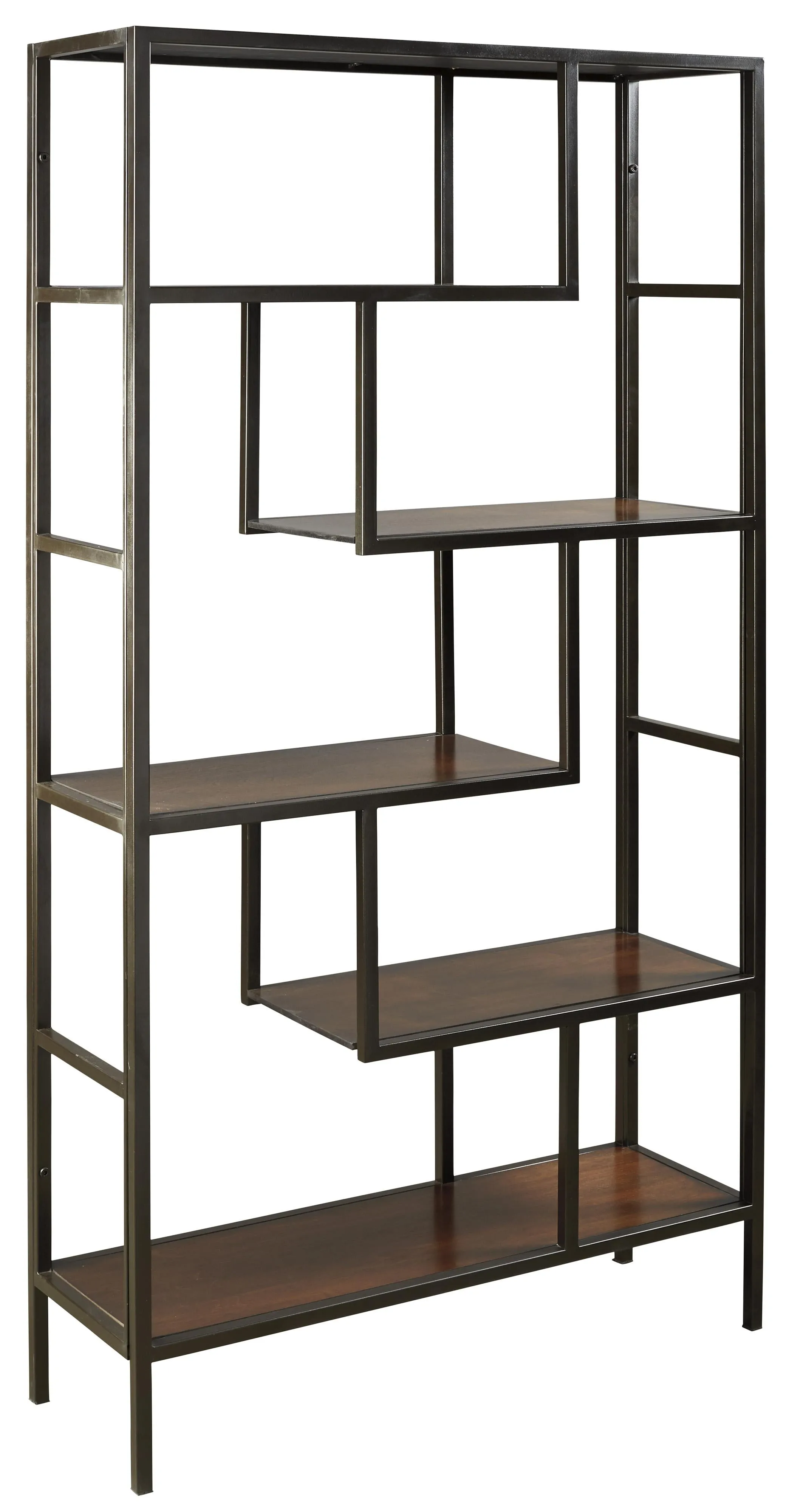 5 Shelves Asymmetric Design Bookcase With Metal Frame, Brown And Black By Benzara