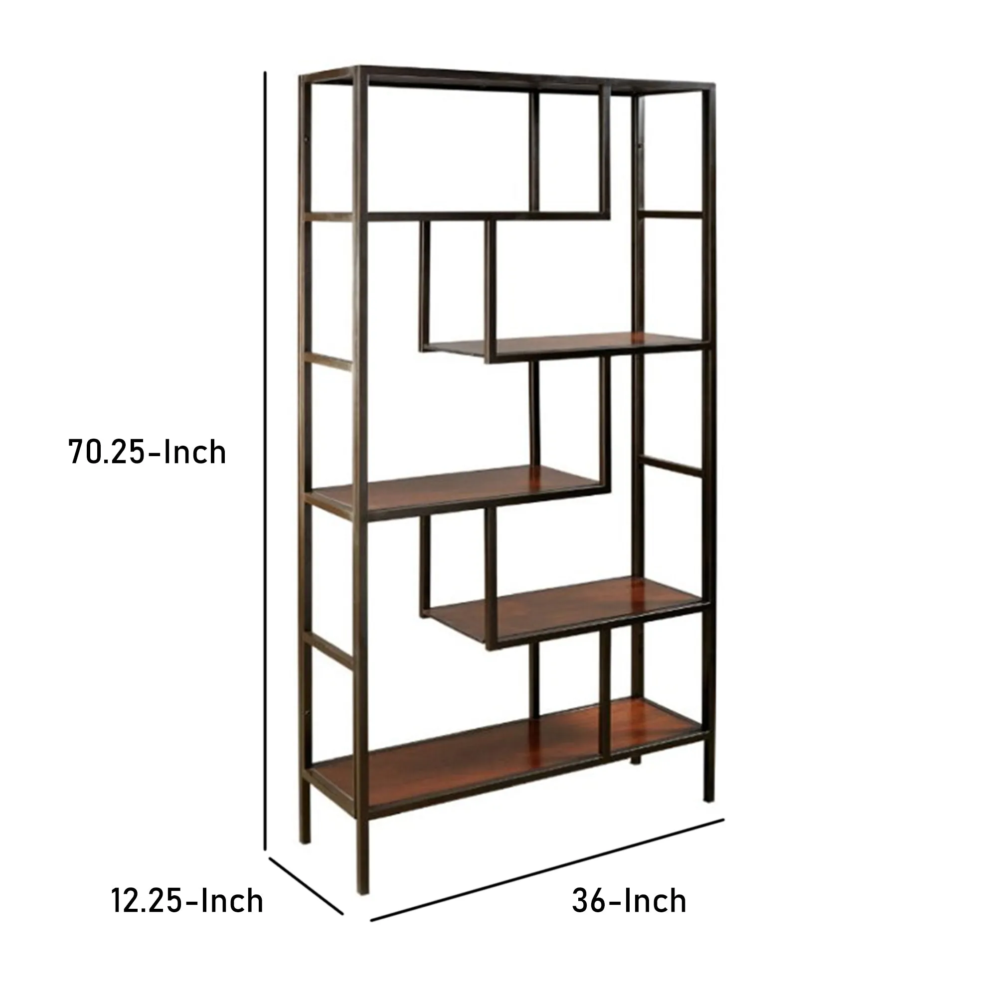 5 Shelves Asymmetric Design Bookcase With Metal Frame, Brown And Black By Benzara