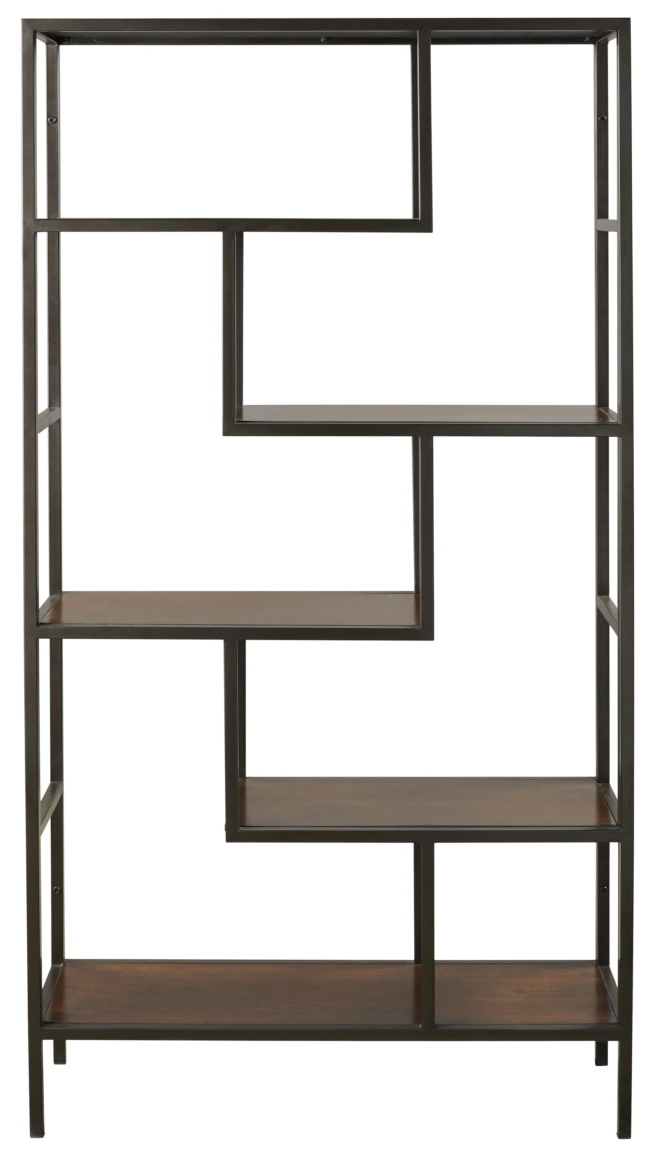 5 Shelves Asymmetric Design Bookcase With Metal Frame, Brown And Black By Benzara