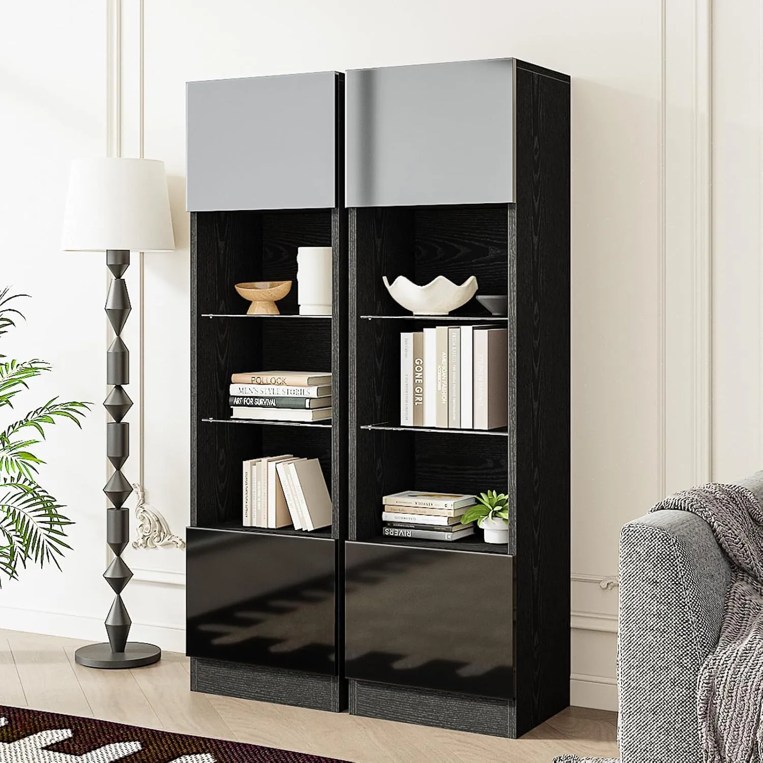 63” Tall 5-Tier Modern High Gloss Bookshelf with Storage Cabinet & Glass Shelve