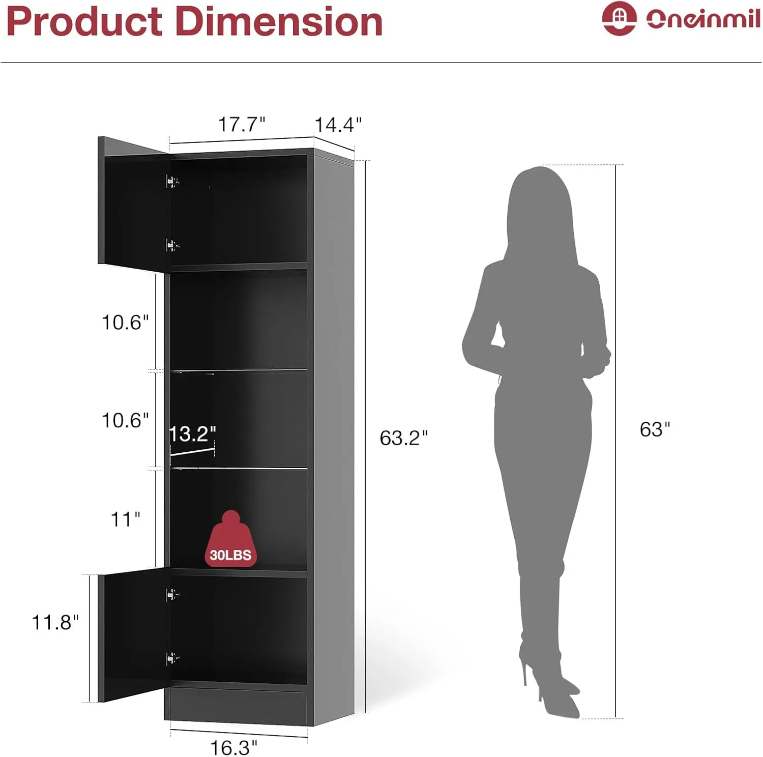 63” Tall 5-Tier Modern High Gloss Bookshelf with Storage Cabinet & Glass Shelve