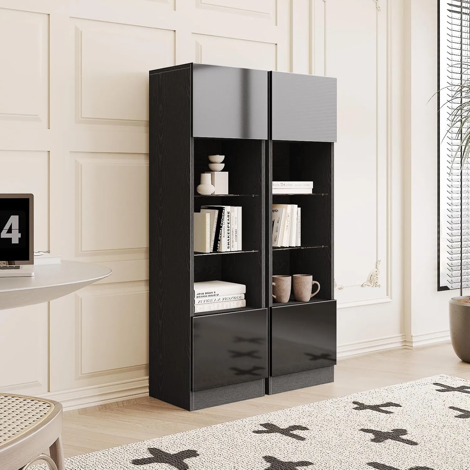 63” Tall 5-Tier Modern High Gloss Bookshelf with Storage Cabinet & Glass Shelve