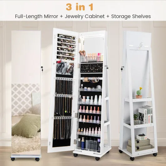 64 Inches Lockable Jewelry Cabinet Armoire with Built-in Makeup Mirror-White