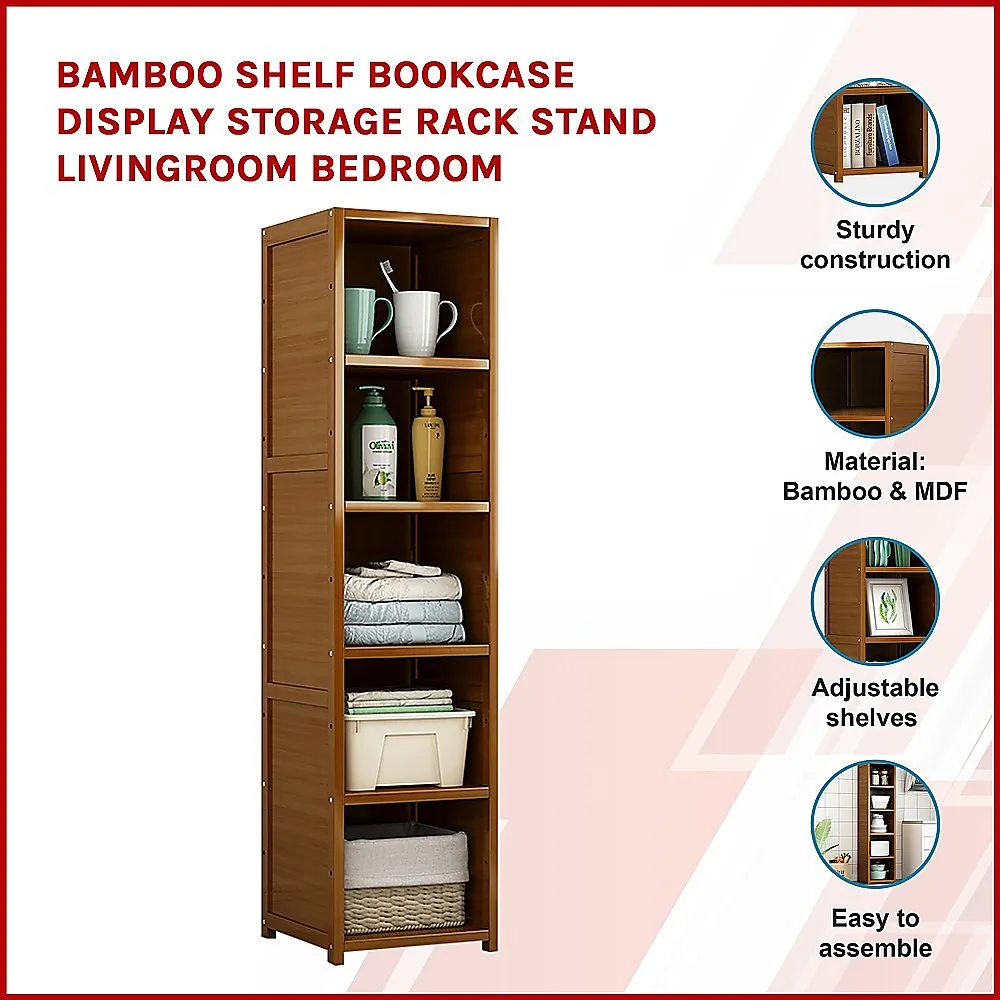 Adjustable Bamboo Shelf Bookcase Display Rack, 5 Shelves