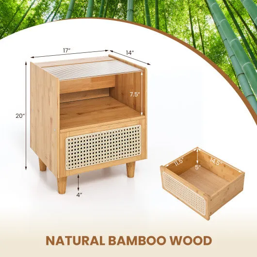 Bamboo Rattan Nightstand with Drawer and Solid Wood Legs-Natural