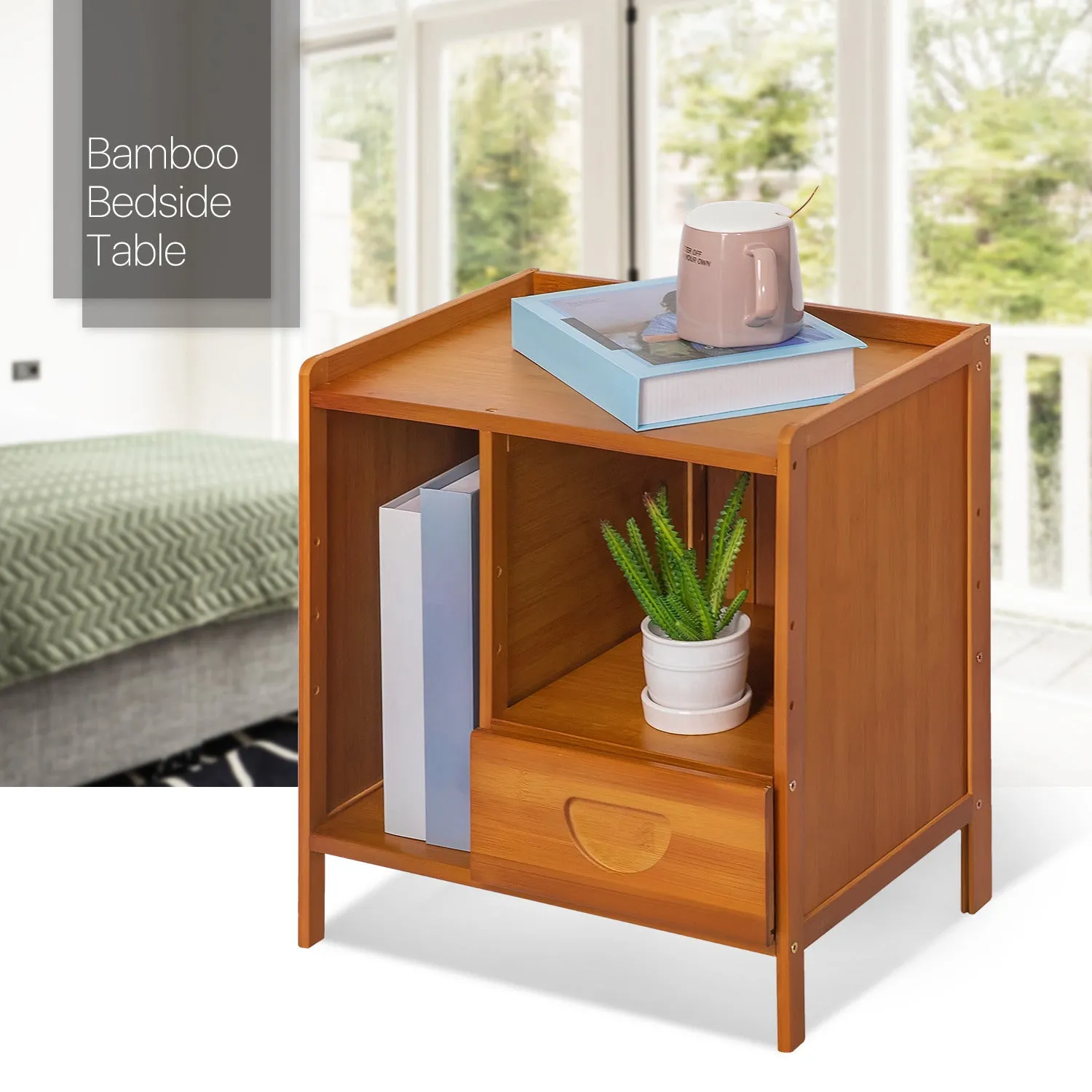 Bedside Cabinet Storage Shelf Nightstand - with Magazine Compartment - Single Drawer