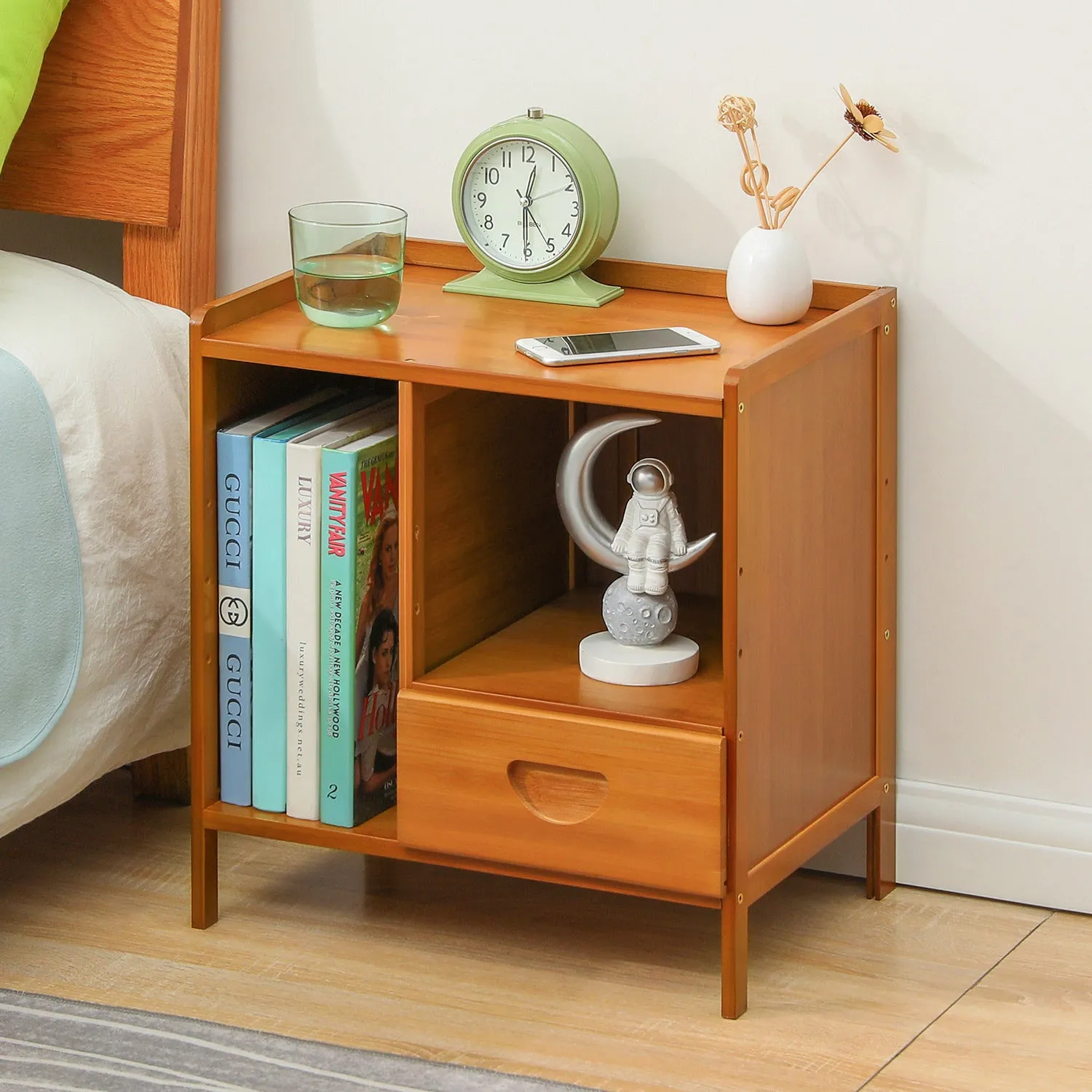 Bedside Cabinet Storage Shelf Nightstand - with Magazine Compartment - Single Drawer