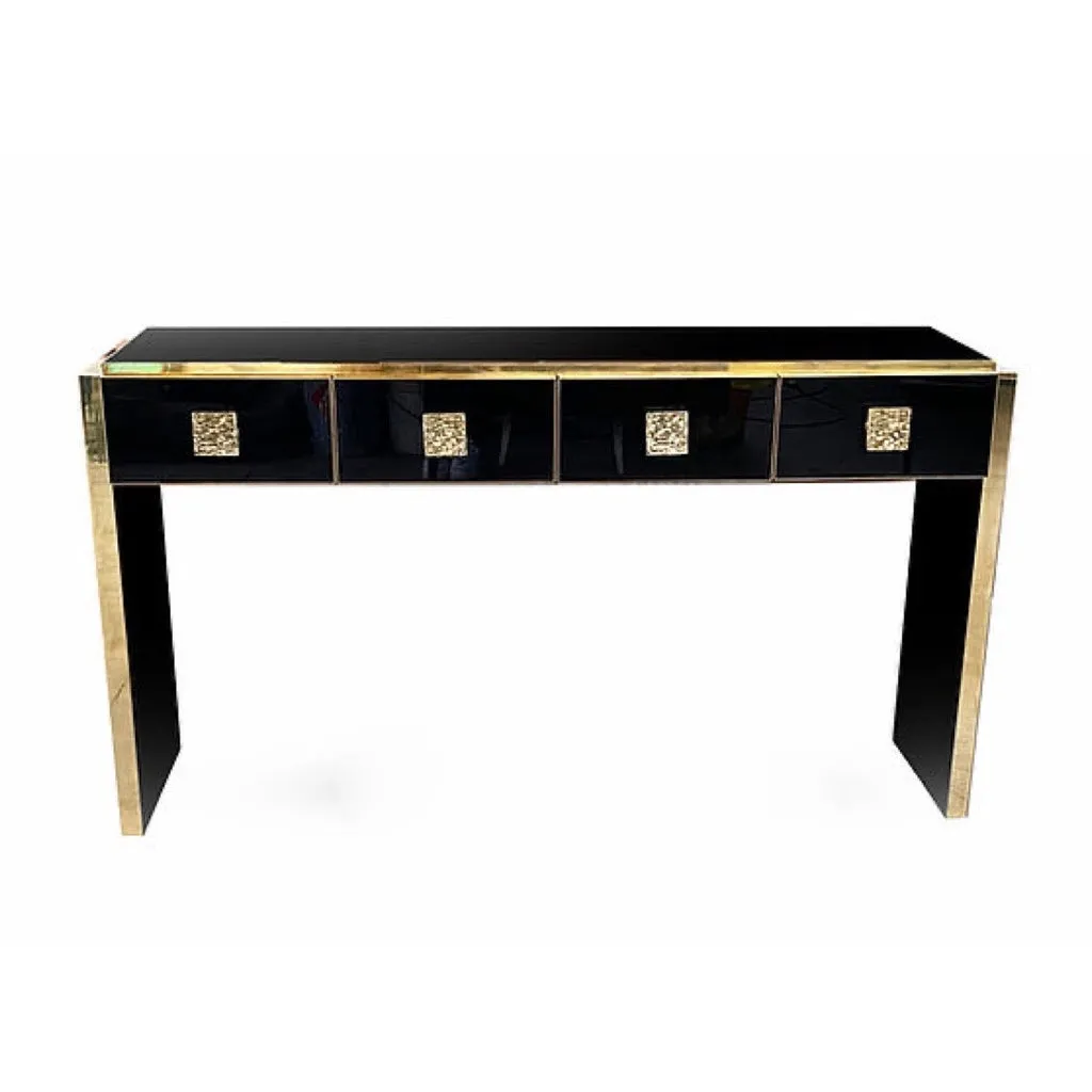 Bespoke Italian Art Deco Design Black Glass & Cast Brass Console Table/Sideboard