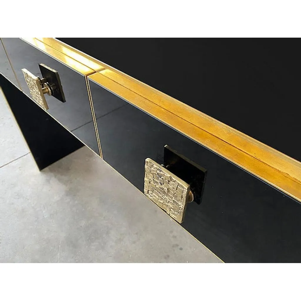 Bespoke Italian Art Deco Design Black Glass & Cast Brass Console Table/Sideboard