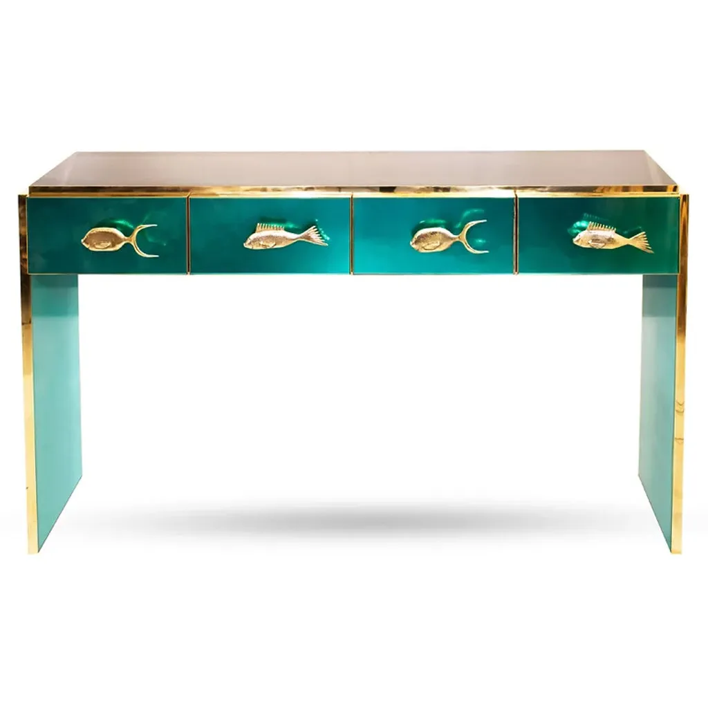 Bespoke Italian Design 4-Drawer Purple & Brass Console Center Table/Sideboard