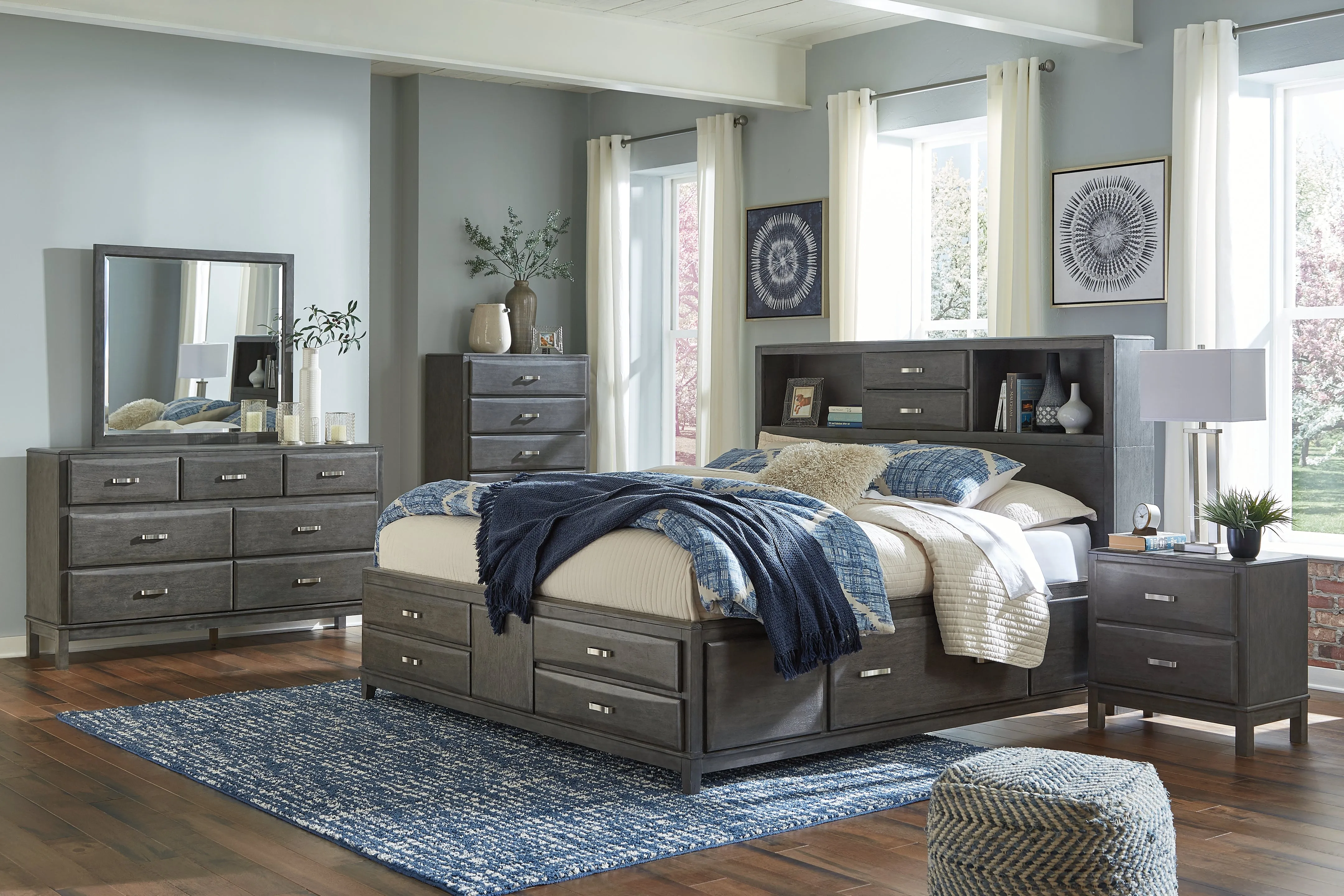 Caitbrook California King Storage Bed with 8 Storage Drawers with Mirrored Dresser, Chest and 2 Nightstands in Gray