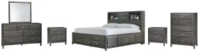 Caitbrook California King Storage Bed with 8 Storage Drawers with Mirrored Dresser, Chest and 2 Nightstands in Gray