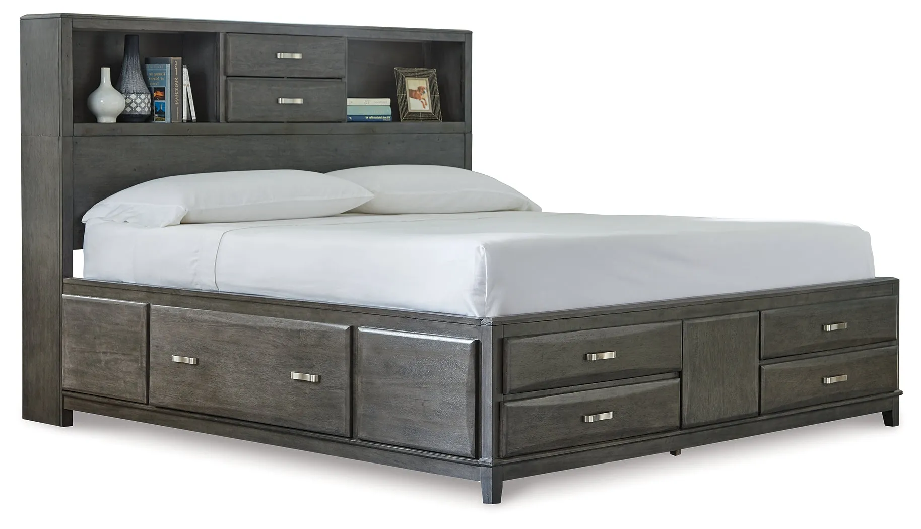 Caitbrook California King Storage Bed with 8 Storage Drawers with Mirrored Dresser, Chest and 2 Nightstands in Gray