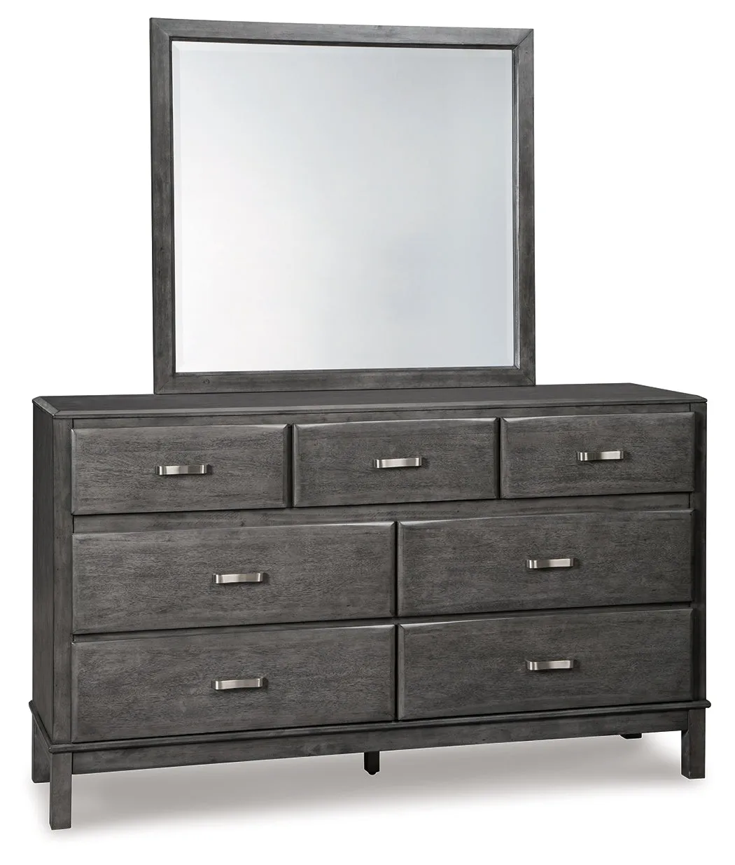 Caitbrook California King Storage Bed with 8 Storage Drawers with Mirrored Dresser, Chest and 2 Nightstands in Gray