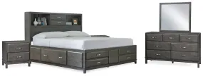 Caitbrook King Storage Bed with 8 Storage Drawers with Mirrored Dresser and 2 Nightstands in Gray