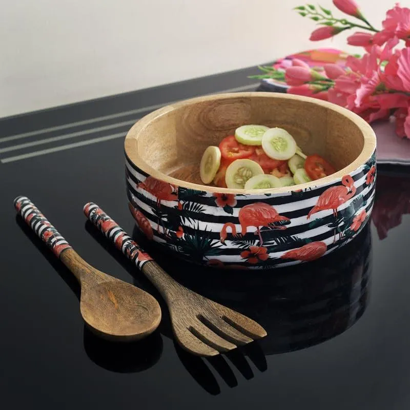 Flaminga Wooden Flat Bowl With Spoon & Fork - Set Of Three