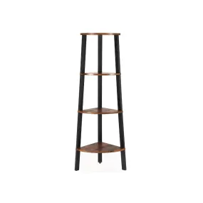 Four Tier Ladder Style Wooden Corner Shelf With Iron Framework, Brown And Black By Benzara