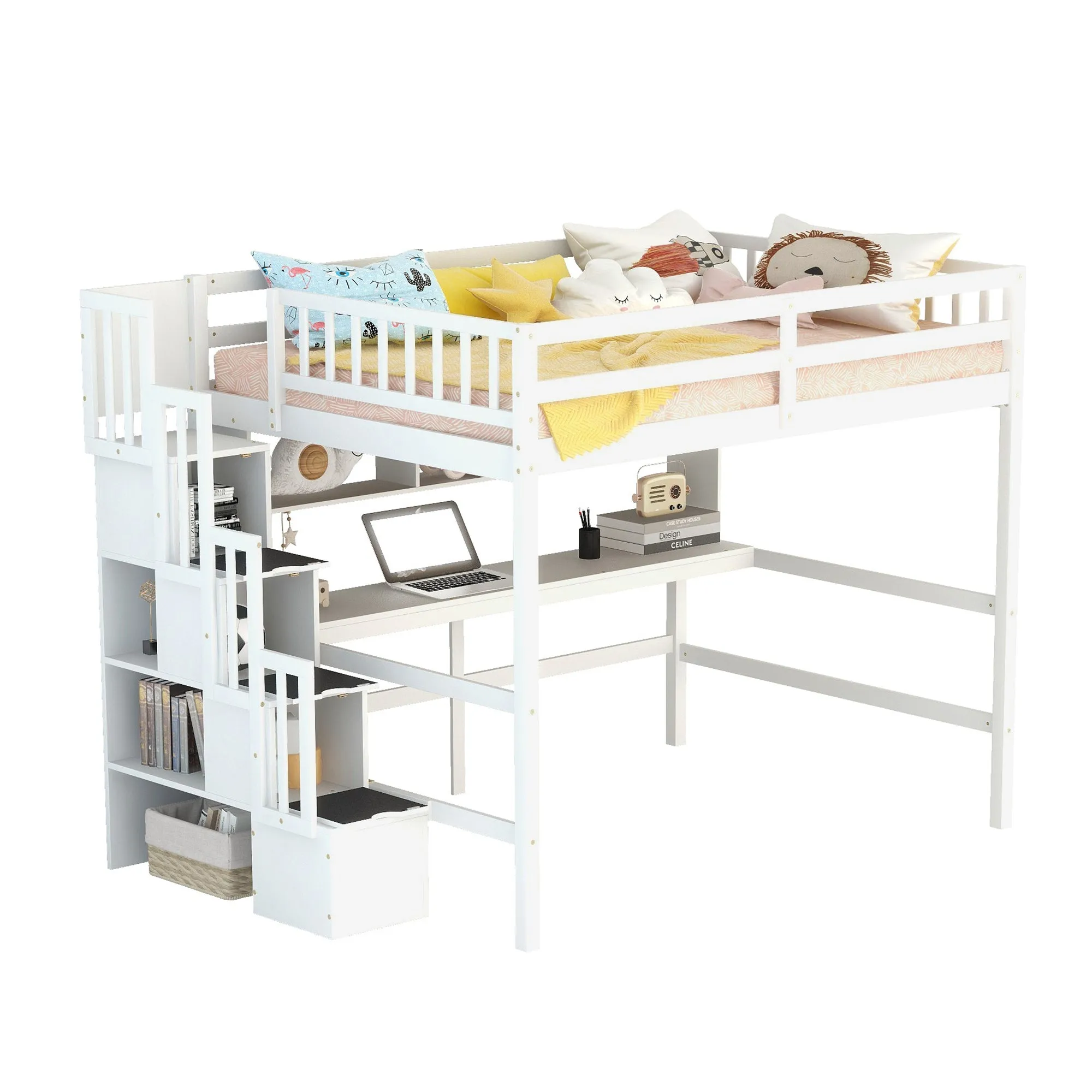 Full Size Loft Bed with Built-in Desk, Bookshelves and Storage Staircase,White