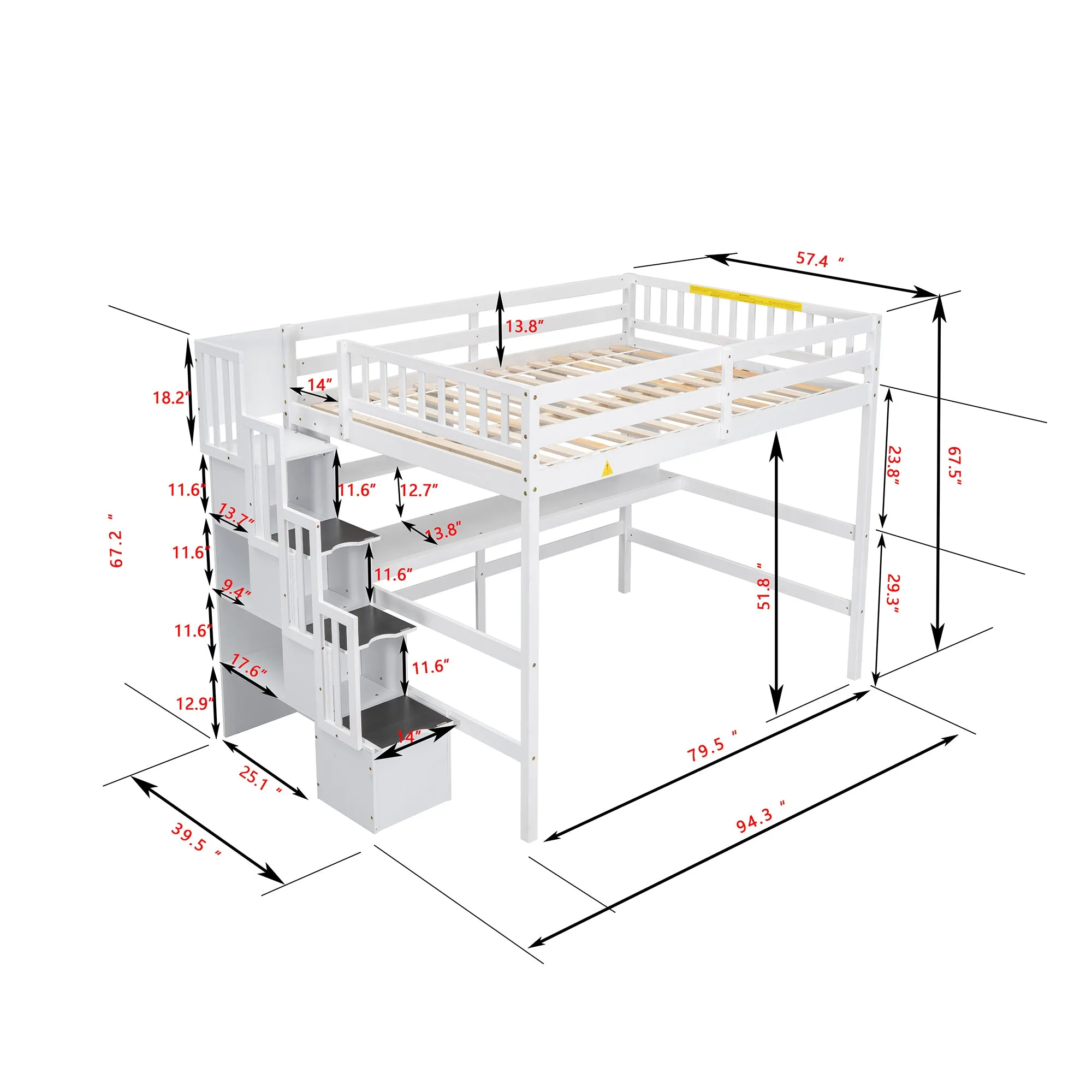 Full Size Loft Bed with Built-in Desk, Bookshelves and Storage Staircase,White