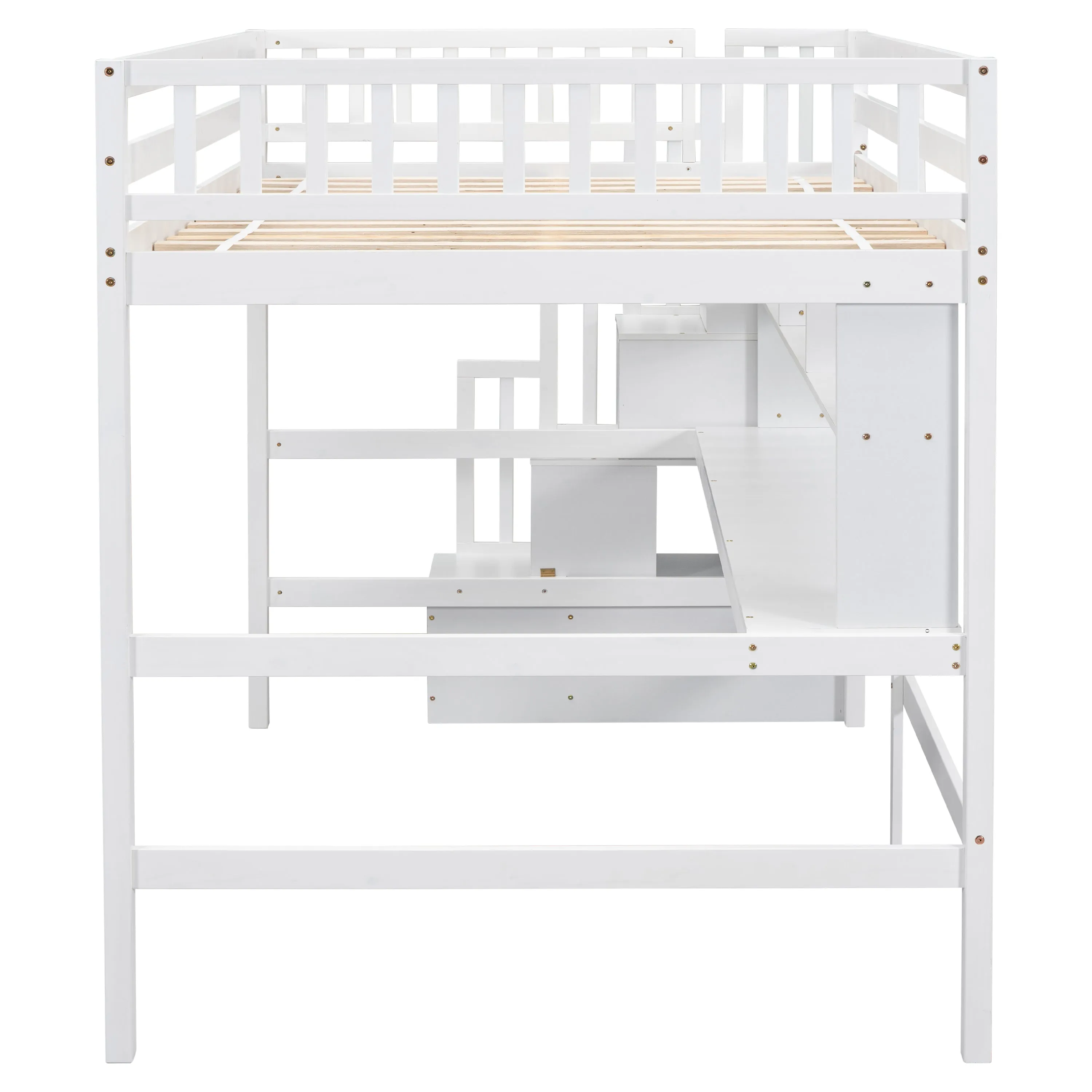 Full Size Loft Bed with Built-in Desk, Bookshelves and Storage Staircase,White