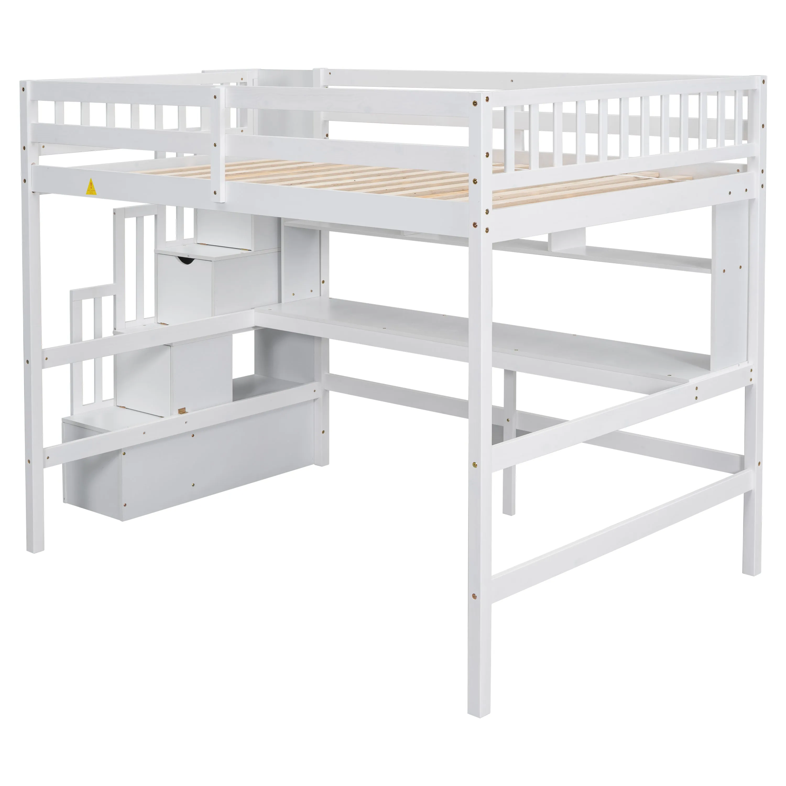 Full Size Loft Bed with Built-in Desk, Bookshelves and Storage Staircase,White