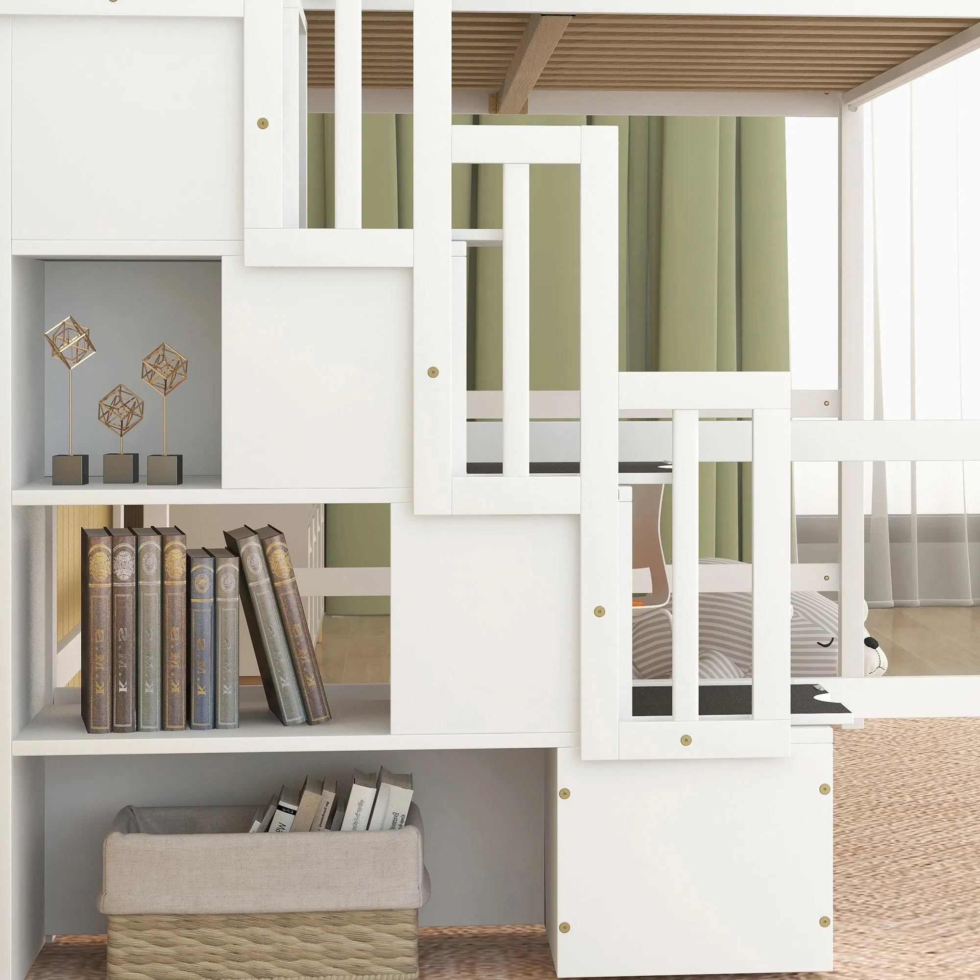 Full Size Loft Bed with Built-in Desk, Bookshelves and Storage Staircase,White