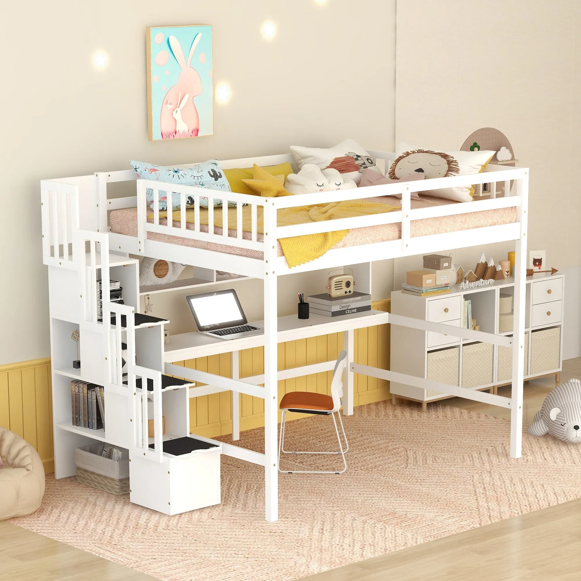 Full Size Loft Bed with Built-in Desk, Bookshelves and Storage Staircase,White