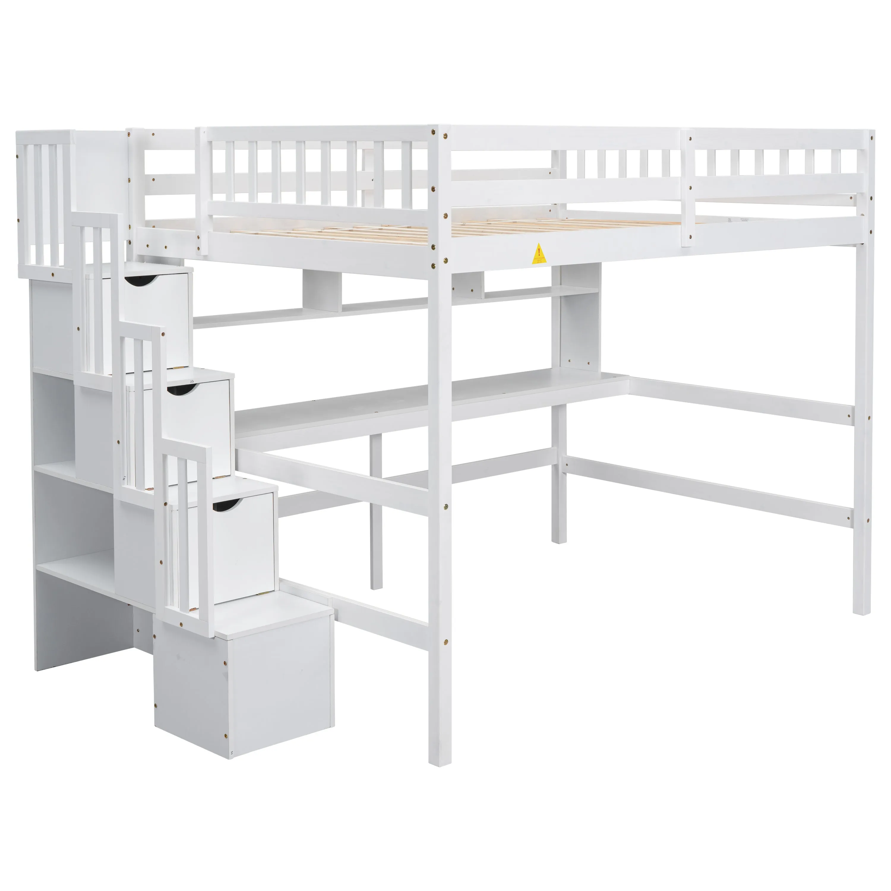 Full Size Loft Bed with Built-in Desk, Bookshelves and Storage Staircase,White