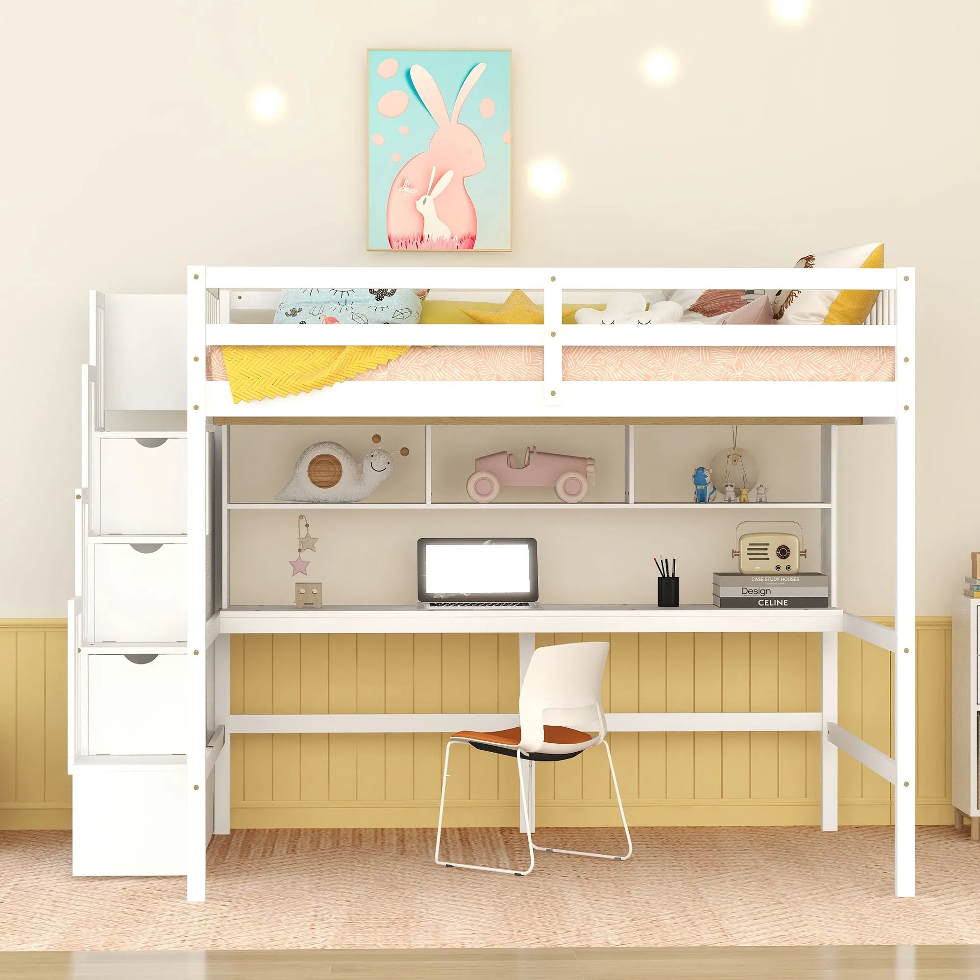 Full Size Loft Bed with Built-in Desk, Bookshelves and Storage Staircase,White