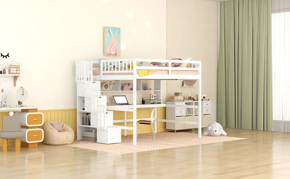 Full Size Loft Bed with Built-in Desk, Bookshelves and Storage Staircase,White