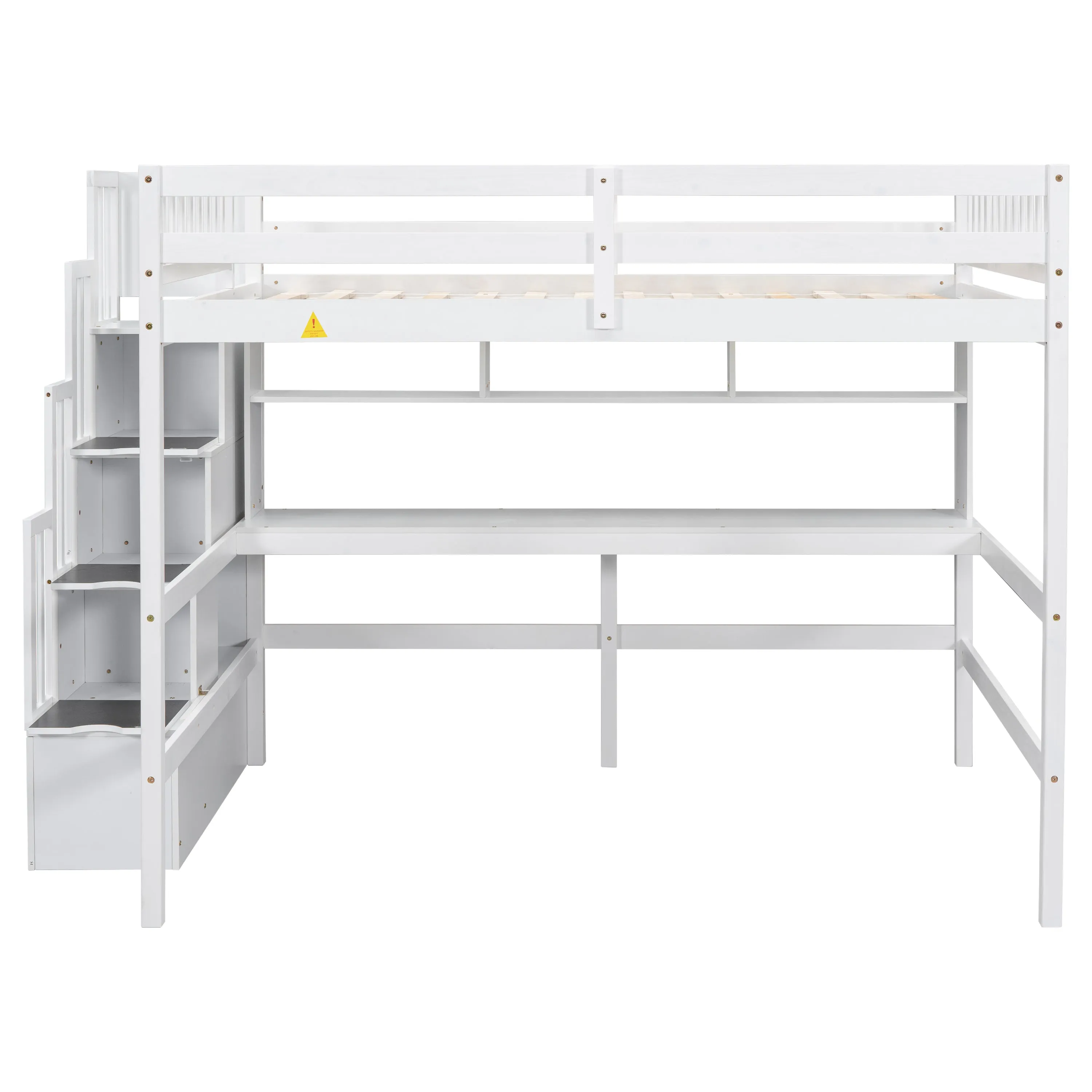 Full Size Loft Bed with Built-in Desk, Bookshelves and Storage Staircase,White