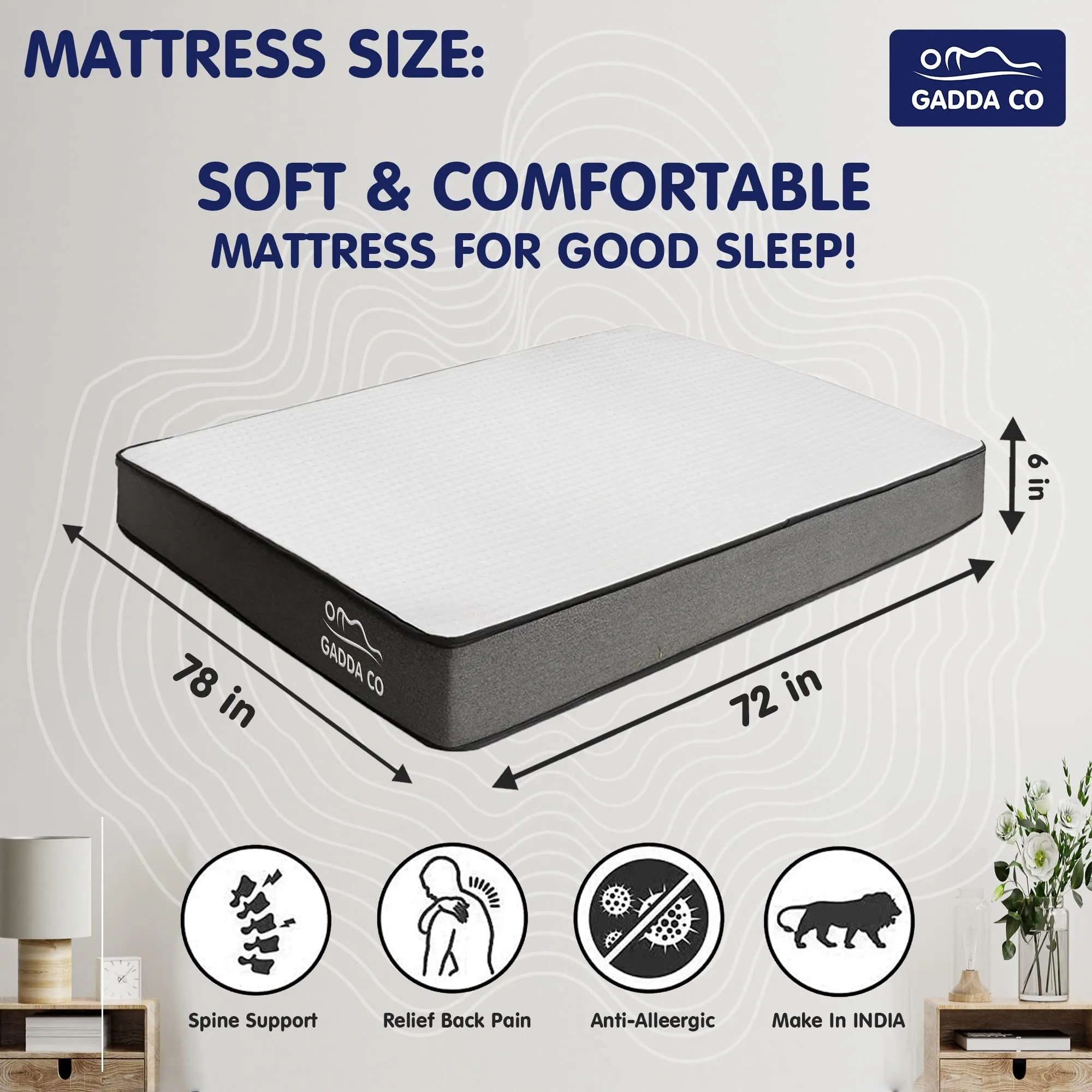 GADDA CO Mattress | 10 Years Warranty | Orthopedic Mattress Double Bed, 6-Inch Bed Mattress, King Size, Hard & Soft Foam for Dual Comfort (White, 6x6.5 feet / 78x72 inches)