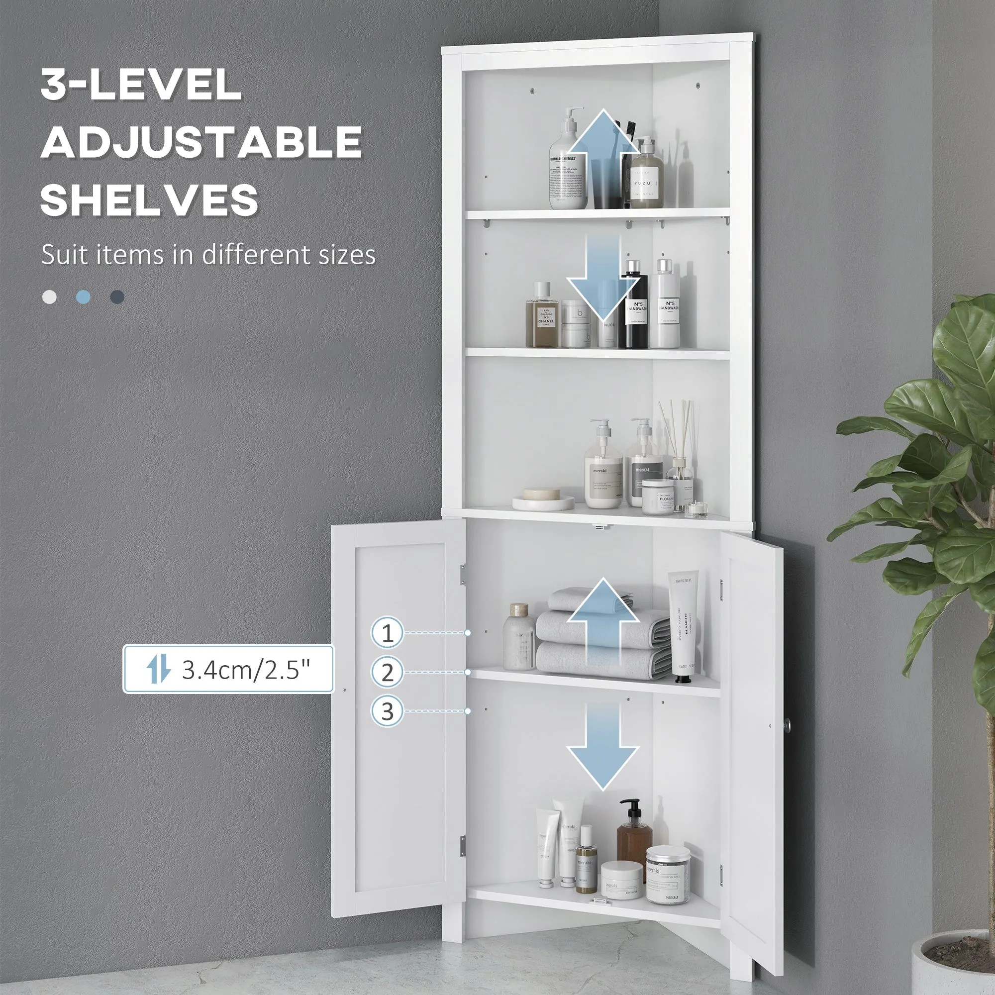 kleankin Triangle Bathroom Cabinet, Corner Bathroom Storage Unit with Cupboard and 3-Tier Shelves, Free Standing, White