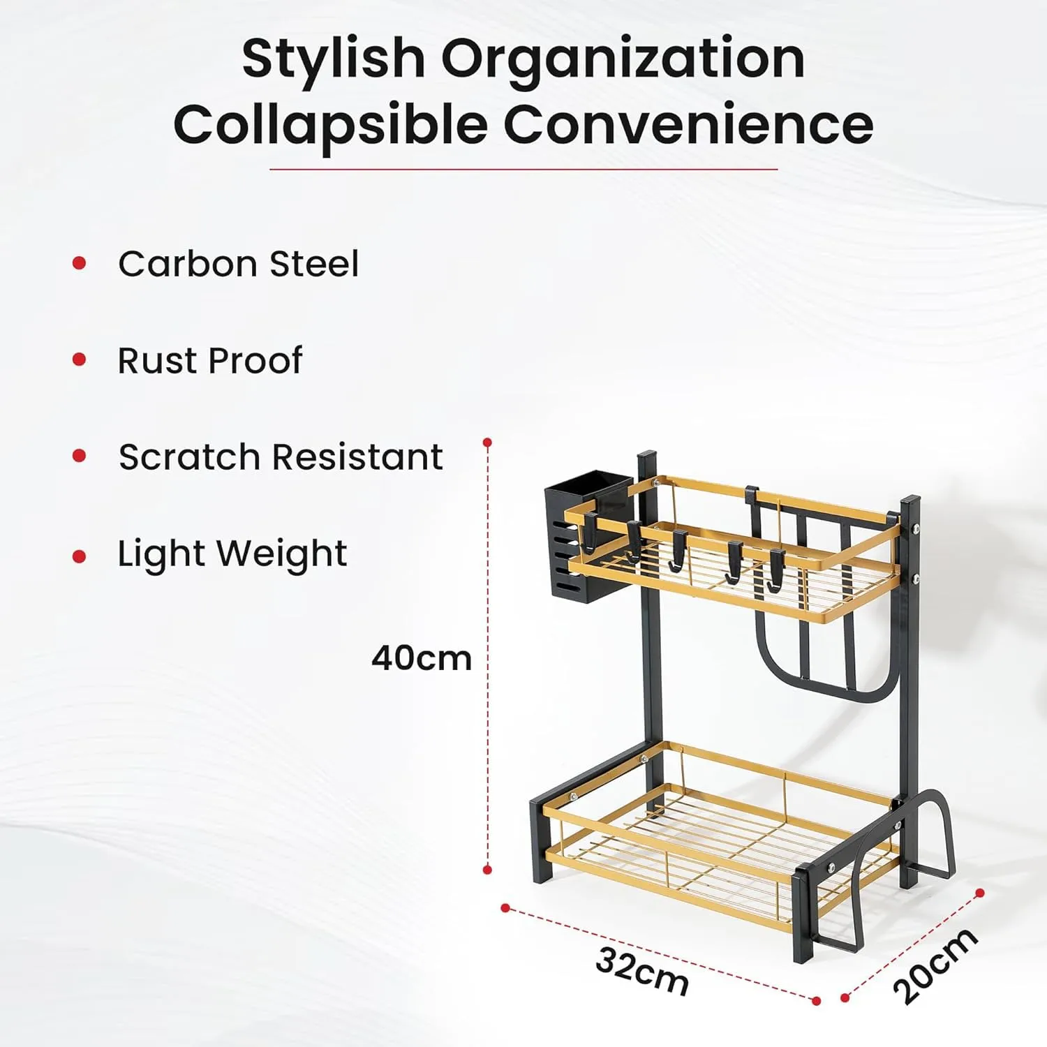 Kuber Industries 2-Layer Dish Drying Rack|Storage Rack for Kitchen Counter|Drainboard & Cutting Board Holder|Premium Utensils Basket (Gold & Black)