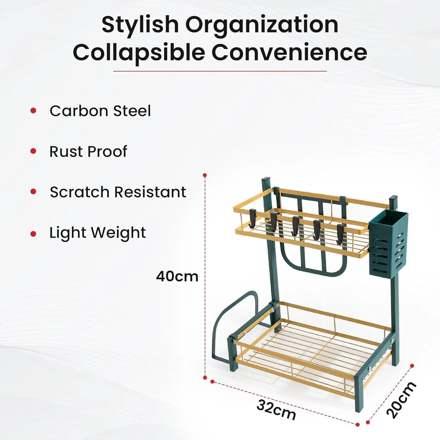 Kuber Industries 2-Layer Dish Drying Rack|Storage Rack for Kitchen Counter|Drainboard & Cutting Board Holder|Premium Utensils Basket Pack of 3 (Gold & Green)