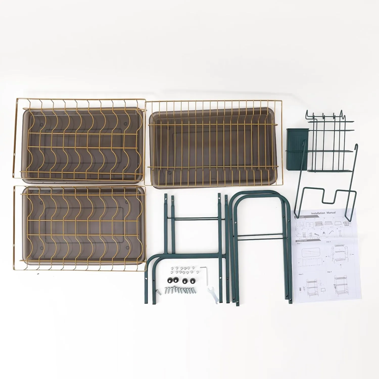 Kuber Industries 3-Layer Dish Drying Rack|Storage Rack for Kitchen Counter|Drainboard & Cutting Board Holder|Premium Utensils Basket Pack of 2 (Dark Green & Gold)