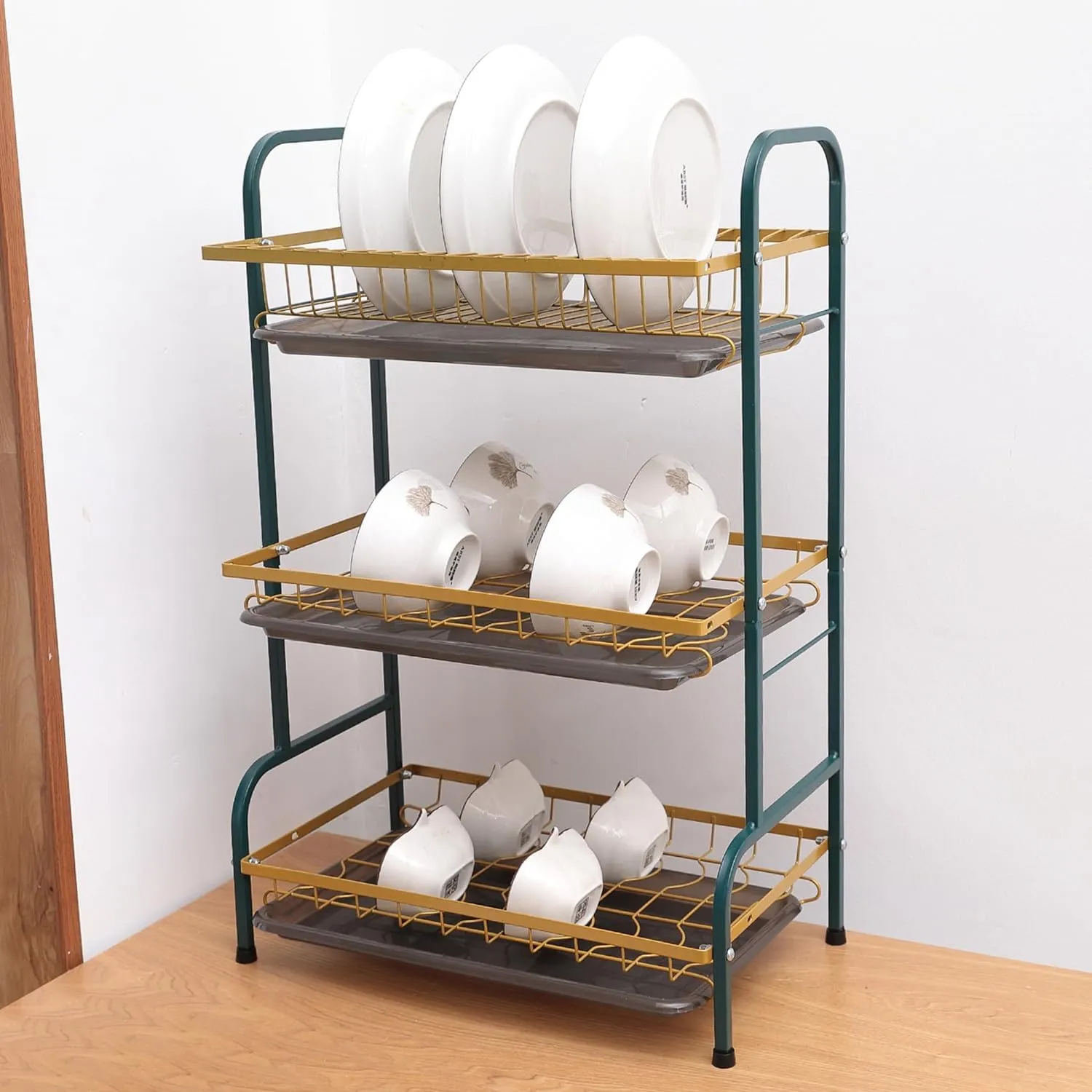 Kuber Industries 3-Layer Dish Drying Rack|Storage Rack for Kitchen Counter|Drainboard & Cutting Board Holder|Premium Utensils Basket Pack of 2 (Dark Green & Gold)